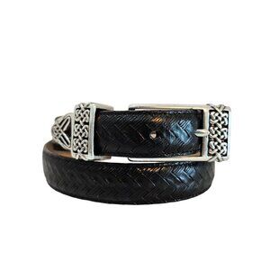 Brighton Womens Medium Black Leather Belt Woven Pattern Decorative Silver Buckle